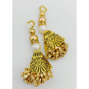 Gold Engraved Flatback Charm Latkan With Beaded Tassels And Pearl Embellishments, Indian Latkans, Gold Beaded Danglers